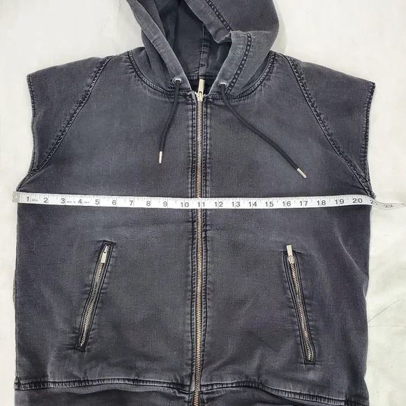 THE KOOPLES Jeans Faded Black Denim Coat Gilet Vest Sleeveless Jacket Hood XS - Picture 8 of 11